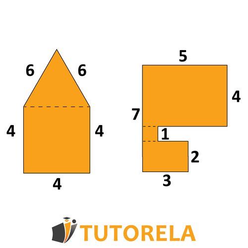 Two composite shapes labeled with side lengths. • Left shape: A 'house-like' figure formed by a rectangle (4 units wide and 4 units high) with a triangle on top (two equal sides of 6 units, base 4 units). • Right shape: An L-shaped polygon composed of rec