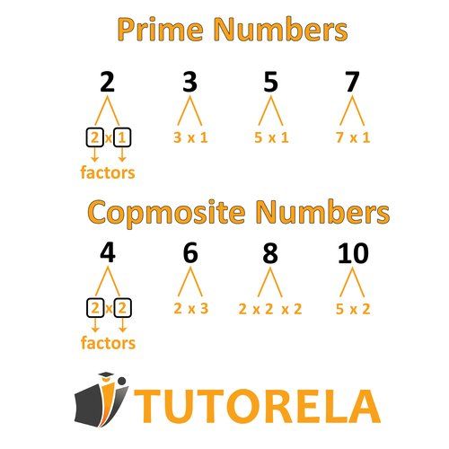 Illustration of factor trees demonstrating prime numbers (2, 3, 5, 7) with factors of one and themselves, and composite numbers (4, 6, 8, 10) with multiple factor combinations.