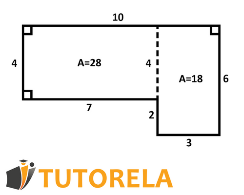Diagram of a composite shape divided into two rectangles, with dimensions labeled. The left rectangle has dimensions 7 by 4 with an area (A) of 28, and the right rectangle has dimensions 3 by 6 with an area (A) of 18. The diagram illustrates how to calculate areas of composite polygons by dividing them into simpler shapes. Featured in a tutorial on calculating areas of polygons.
