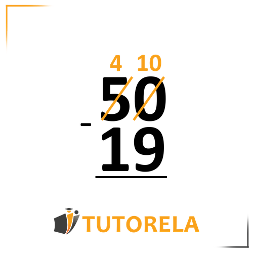 A vertical subtraction problem showing the borrowing process and the numbers involved. At the top is the number 50, with the 5 crossed out and replaced by 4, and the 0 replaced by 10, indicating borrowing. Below is the number 19, with a subtraction symbol to the left. The operation is partially worked through. The Tutorela logo appears at the bottom of the image.