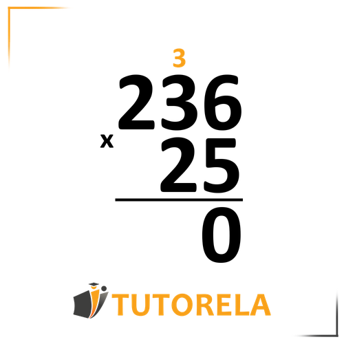 A vertical multiplication problem showing the numbers 236 and 25. Above the first digit of 236, the number 3 is written in orange to represent a carryover. The product of the first step is written below, starting with 0 under the last digit. A horizontal line separates the problem from the area for further calculations. The Tutorela logo is displayed at the bottom of the image.