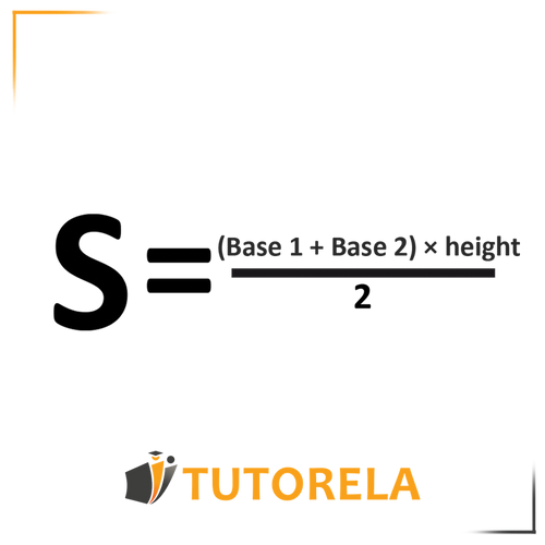Diagram of a right-angled trapezoid with the formula for calculating its area: ( Base 1 + Base 2 ) × height (Base 1+Base 2)×height. The illustration highlights the two parallel bases, the height, and the application of the formula to find the area. Featured in a tutorial on calculating the area of trapezoids.