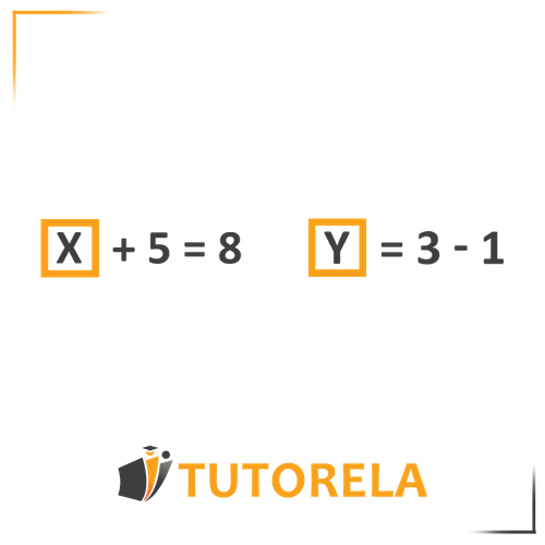 Solving simple algebraic equations: X + 5 = 8 and Y = 3 - 1. The values of X and Y are determined step by step, highlighting basic arithmetic operations.