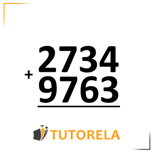 A vertical addition problem showing two numbers: 2734 on top and 9763 below it, with a plus sign (+) on the left indicating addition. A horizontal line separates the numbers from the area for the solution below. The Tutorela logo is displayed at the bottom of the image.