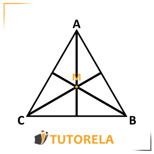 Diagram of a rectangle labeled ABCD with a marked midpoint M at the intersection of its diagonals. The rectangle is black with white and orange highlights, showcasing symmetry and geometry properties.