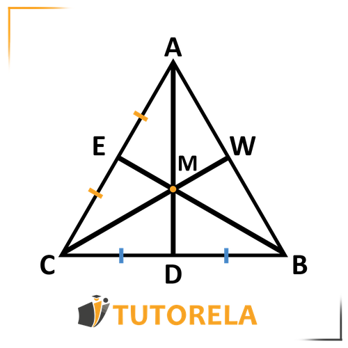 Diagram of a rectangle labeled ABCD with diagonals intersecting at point M, representing the centroid. Additional markings include equal parts on sides and angles labeled for geometric properties. Black rectangle with orange and blue highlights for clarity.