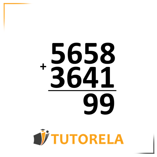 Illustration of vertical arithmetic addition: the numbers 5658 and 3641 are stacked, showing the incomplete addition result at the bottom as 99. The Tutorela logo is displayed at the bottom.