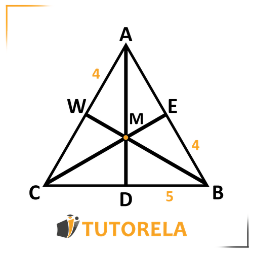 Diagram of a rectangle labeled ABCD with diagonals intersecting at point M, representing the centroid. Additional labels include measurements of 4 units on sides and 5 units on the base, highlighting geometric properties. Black rectangle with orange details for emphasis.