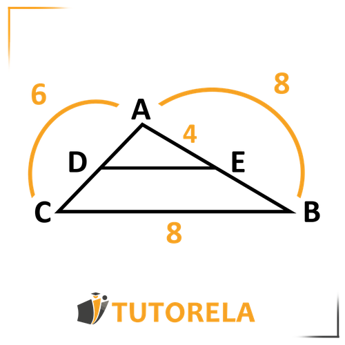 Illustration of Thales' Theorem with rectangle ABCD and triangles formed within. Key points include A, B, C, D, and E, with line segments forming proportional relationships. Areas within the diagram are shaded for emphasis.