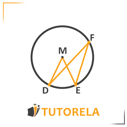 Geometric diagram of a circle labeled with center 'M' and points D, E, and F on the circumference. The orange lines represent radii and chords, illustrating different segments within the circle. This diagram is useful for understanding circle properties, such as radius, chord, and central angles in geometry.
