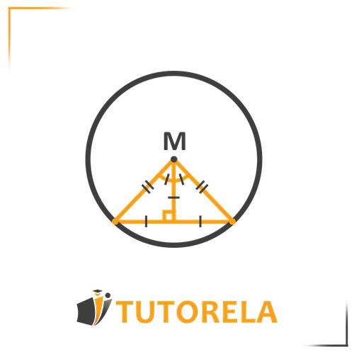 Mathematical diagram of a circle labeled with center 'M' and a triangle inscribed within it. The triangle is isosceles, with equal radii from the center to the circumference, a perpendicular bisector, and right angle markings. This diagram illustrates key circle properties such as radii, chords, perpendicular bisectors, and central symmetry in geometry.