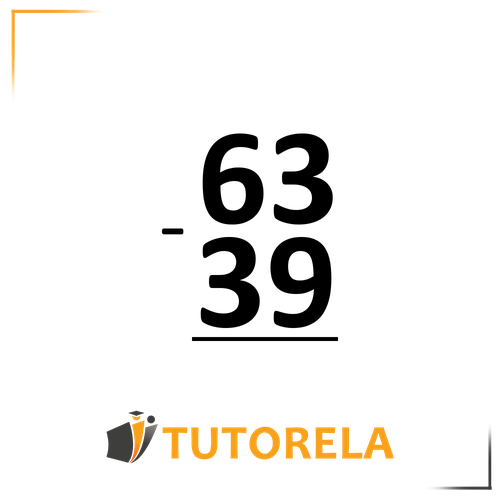 A subtraction problem displayed vertically. The number 63 is at the top, and 39 is below it, with a subtraction symbol to the left. The horizontal line separates the two numbers. The Tutorela logo is at the bottom of the image.